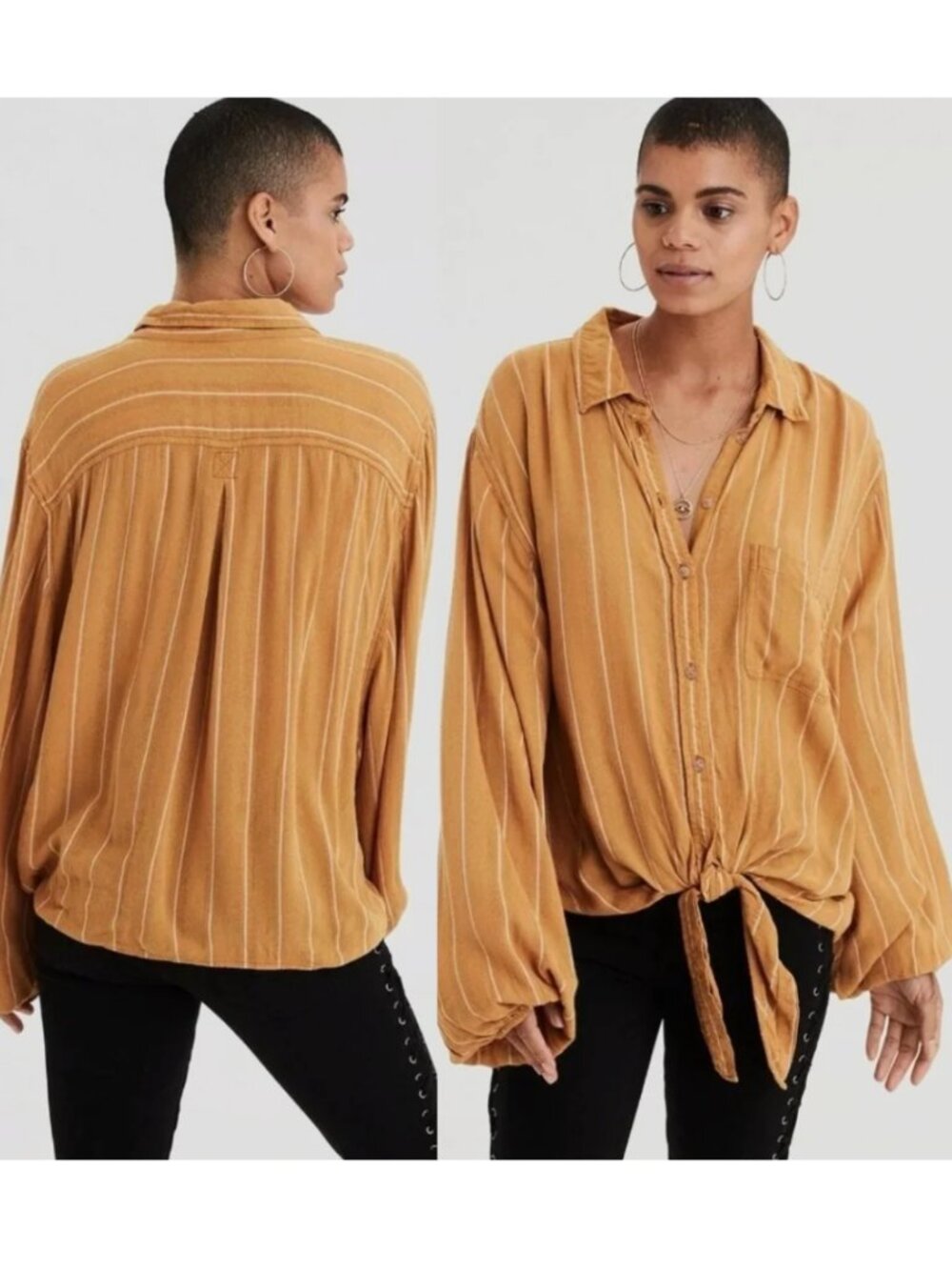 AMERICAN EAGLE Striped Tie Front Shirt Mustard Yellow Balloon Sleeve Button Down